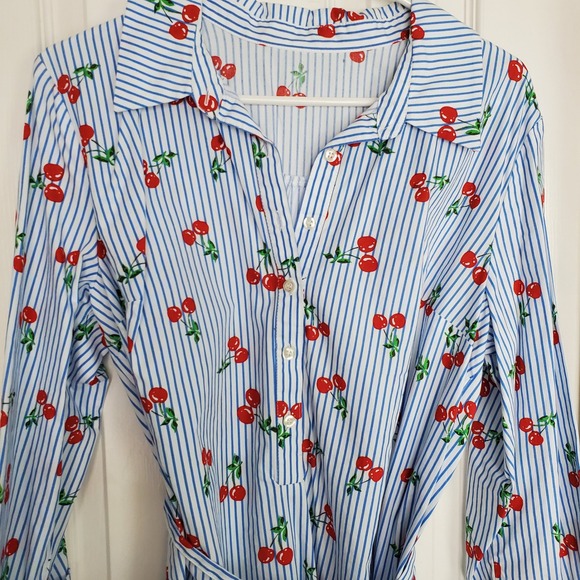 Blue Striped Cherry Print Shirt Dress Button Front Belted Collared Midi Med? - Picture 2 of 6